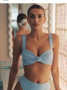 NWT Montce Light Blue & White Gingham Knot Bikini Top size Large